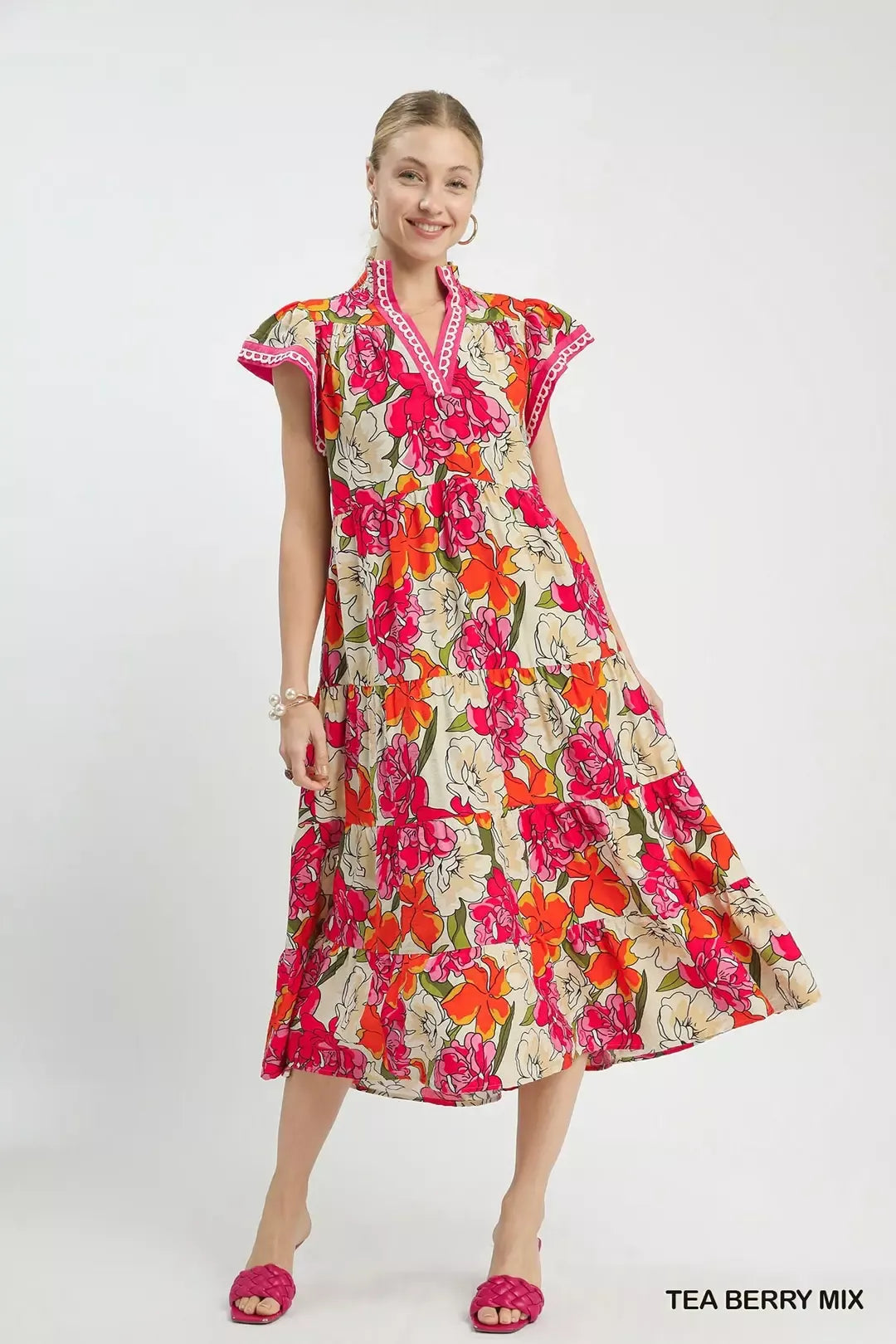 umgee midi dress Umgee Mix Bold Floral Tiered Midi Dress – Boho Fringe