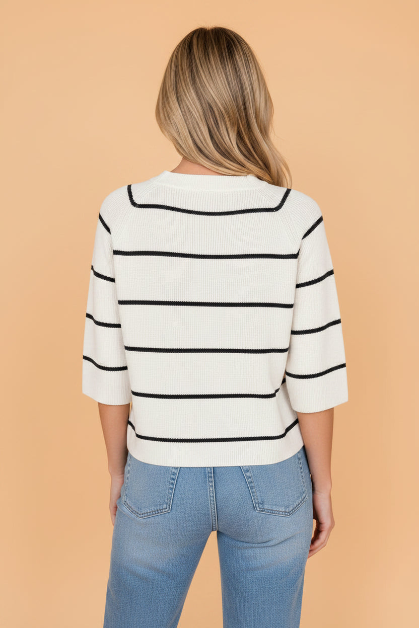 Stripe Ribbed Knit 3/4 Sleeve Sweater Tee