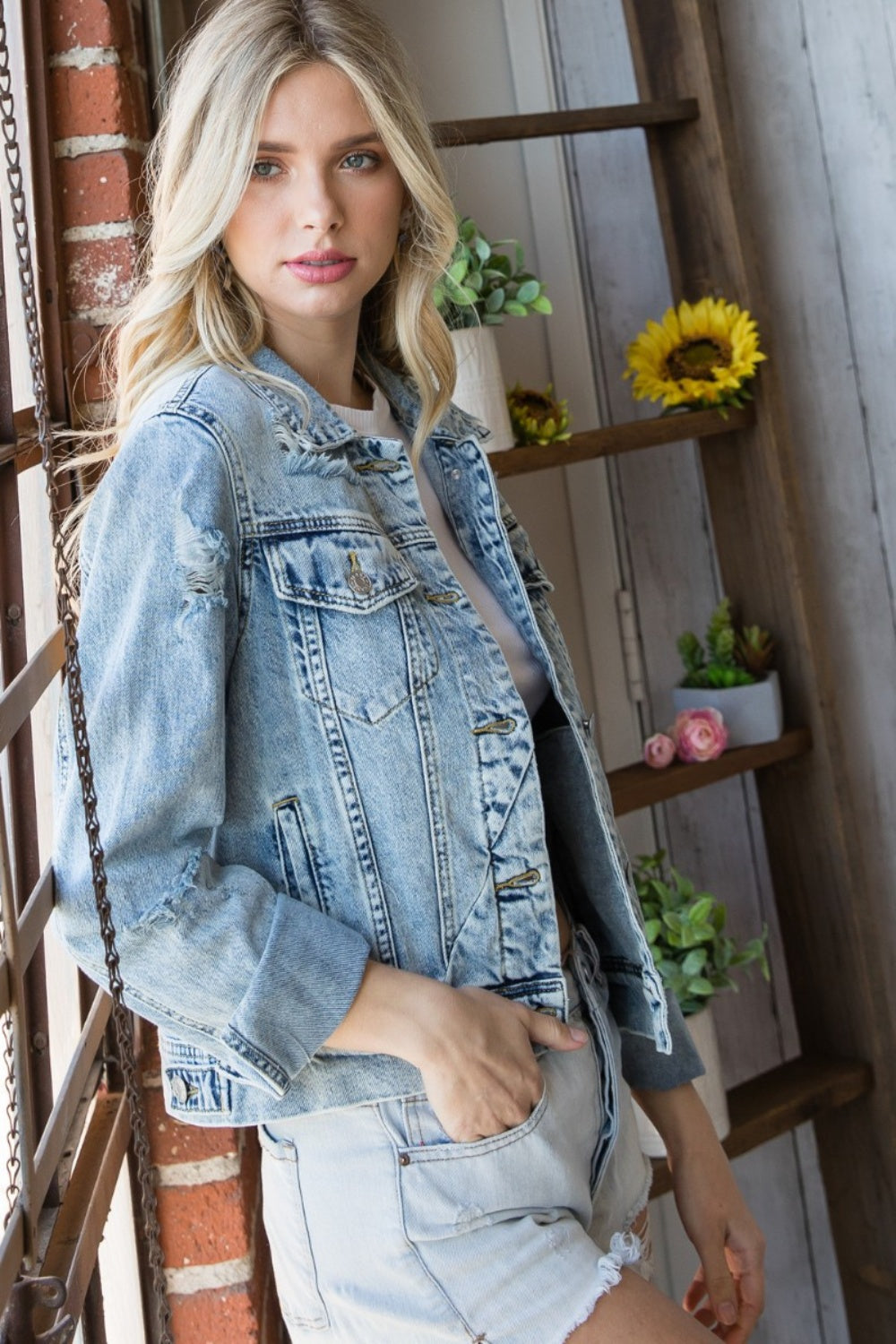 Veveret Distressed Button Up Denim Jacket