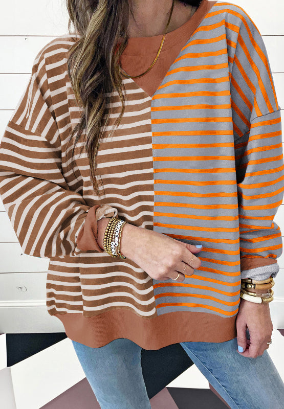 Contrast Striped Round Neck Long Sleeve Sweatshirt