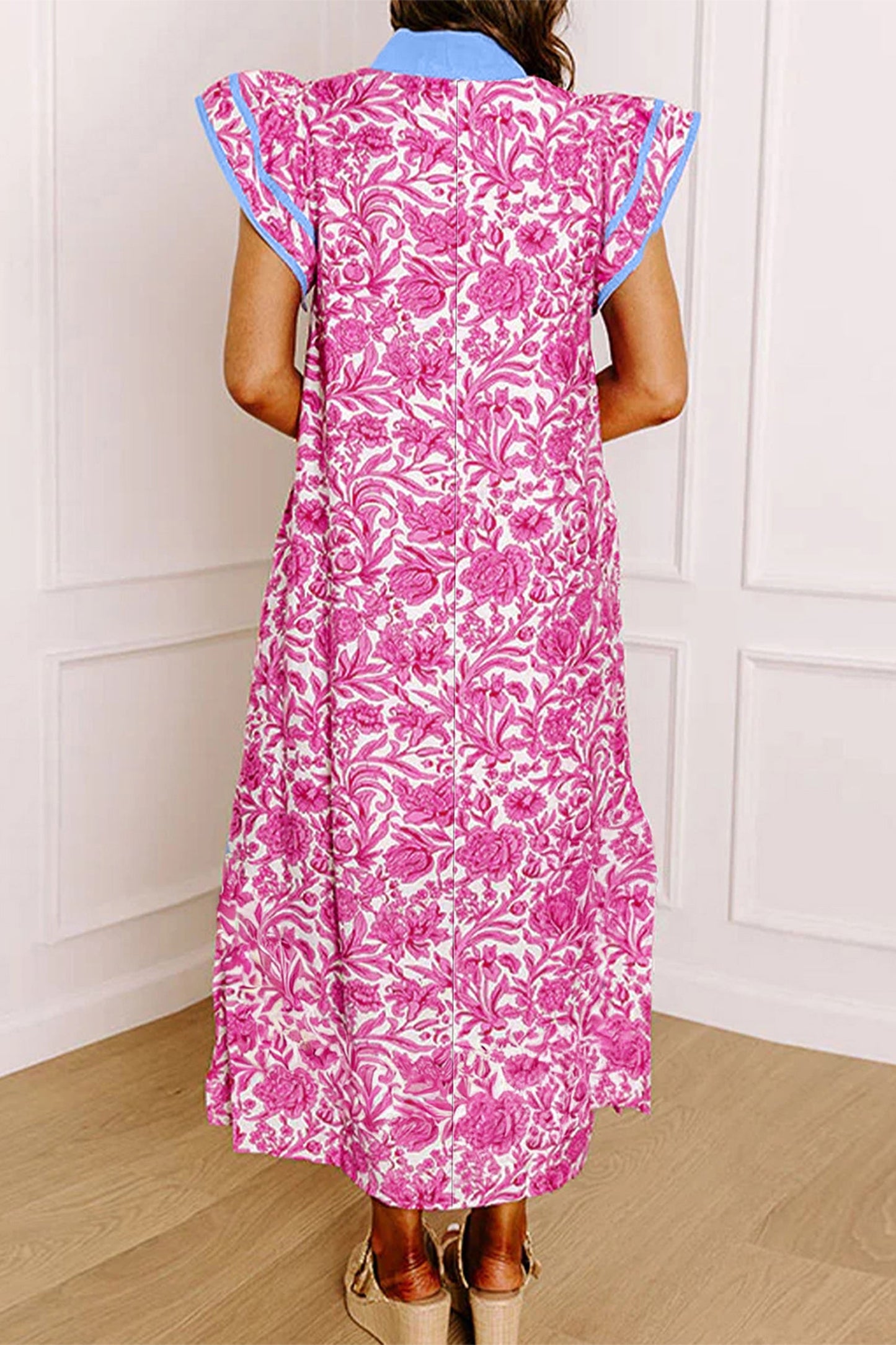 Floral Colorblock Patchwork V-Neck Midi Dress