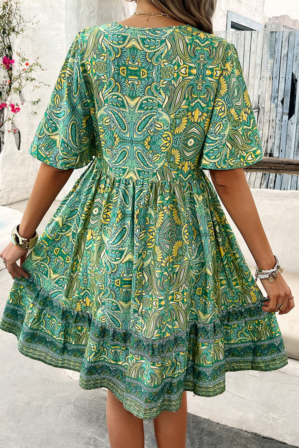 Printed V-Neck Half Sleeve Mini Dress