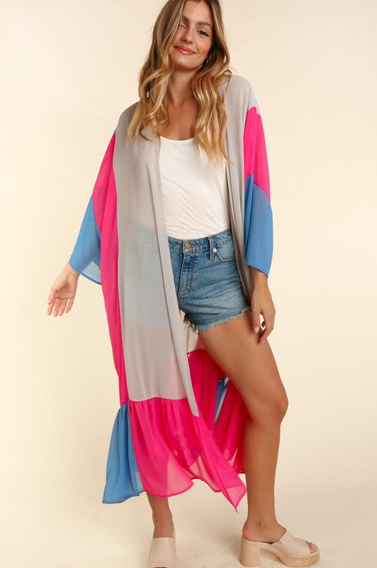 Color Block Kimono Maxi Open Oversized Cardigan