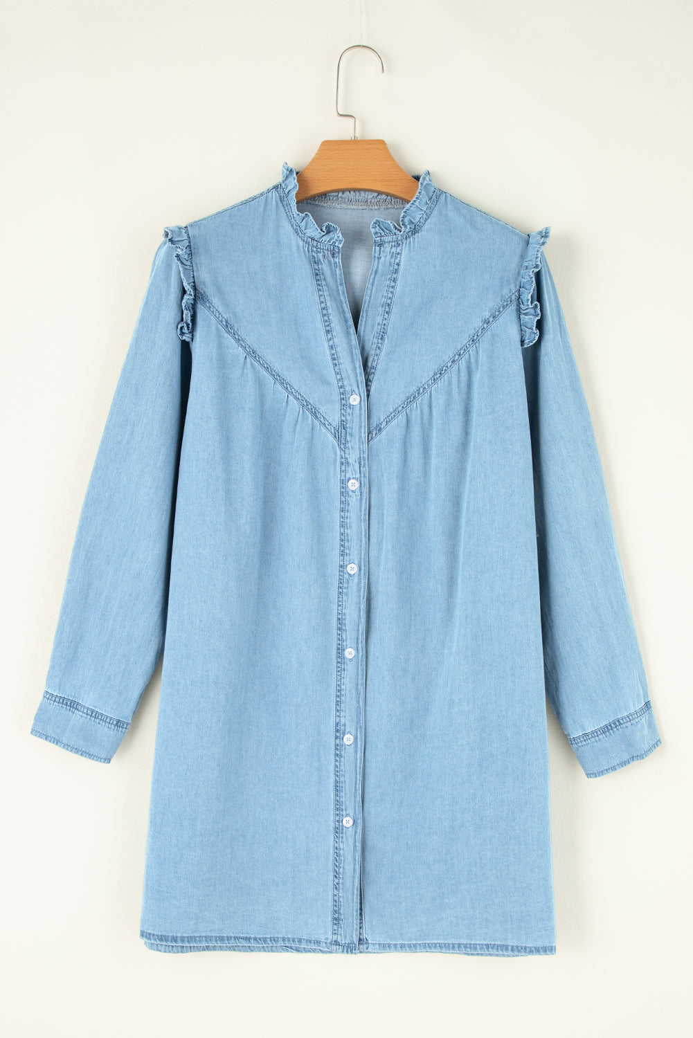 Button Up Notched Long Sleeve Denim Dress