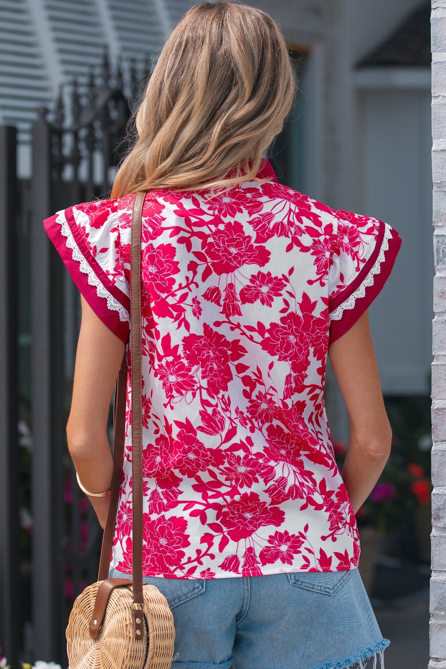 Floral Colorblock Lace V-Neck Flutter Sleeve Blouse