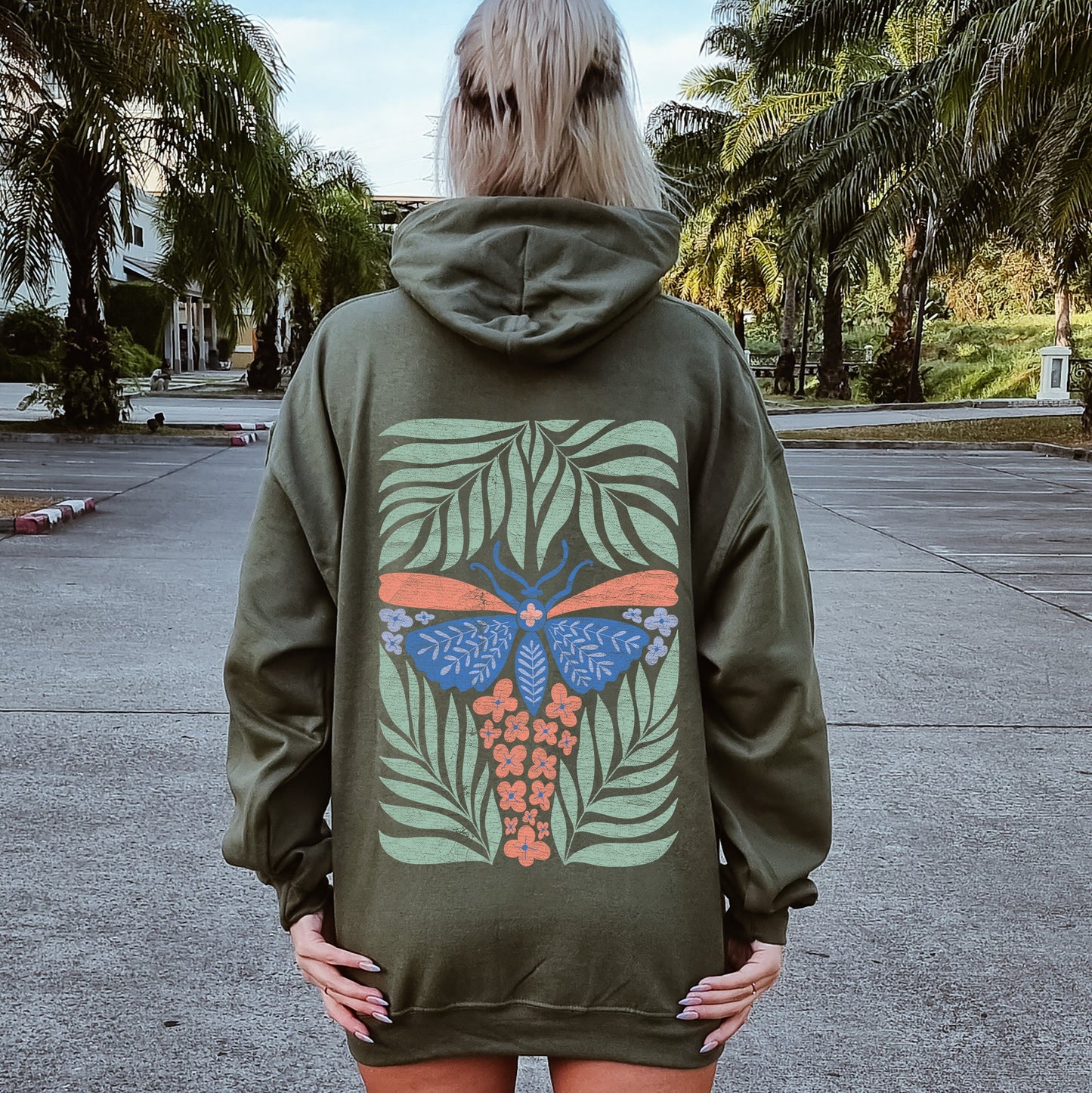 Tropical Butterfly and Palm Design Boho Print Beachside Paradise Illustration Artwork Hoodie