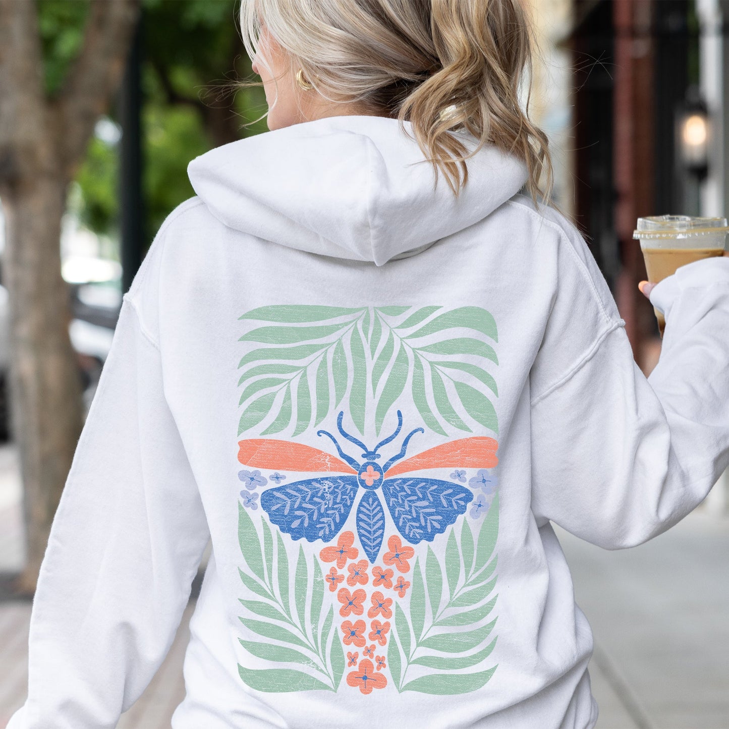 Tropical Butterfly and Palm Design Boho Print Beachside Paradise Illustration Artwork Hoodie