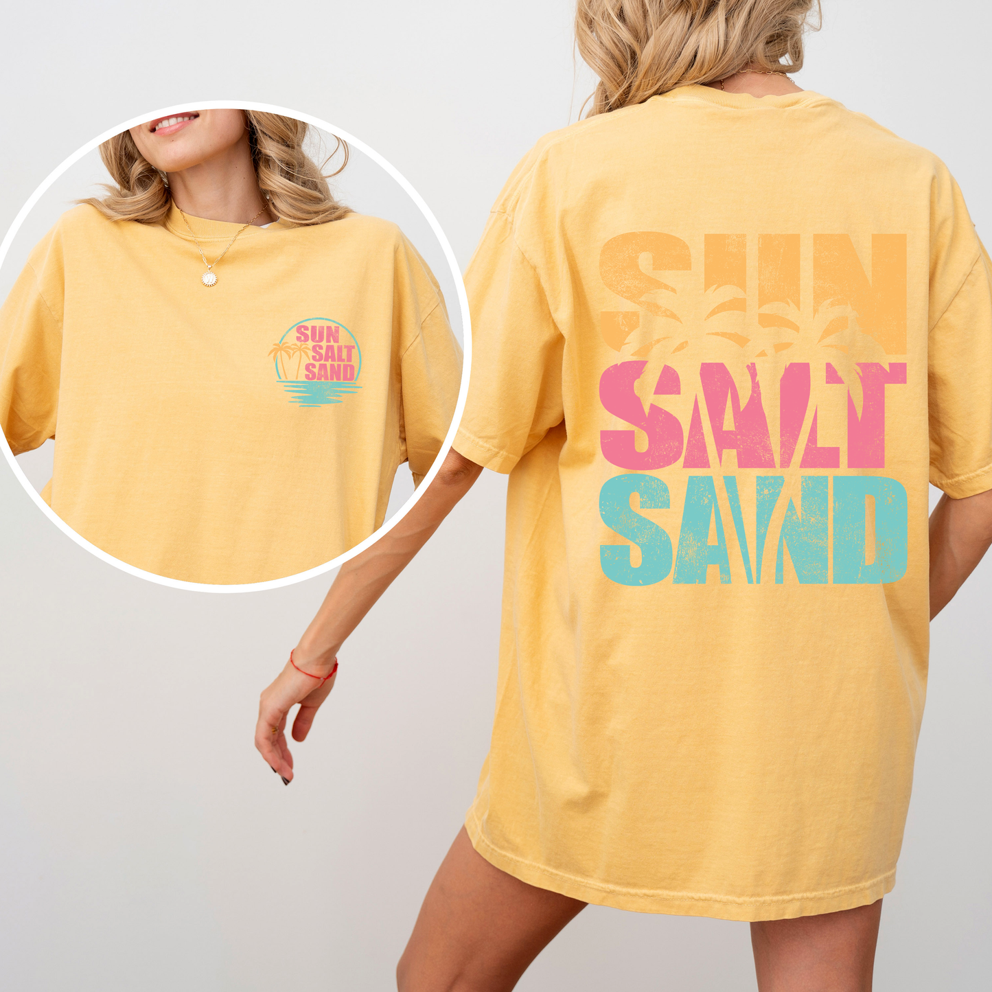 Two Sided Front and Back Sun Salt Sand, Palm Trees, Beach, Summer Comfort Colors Tee