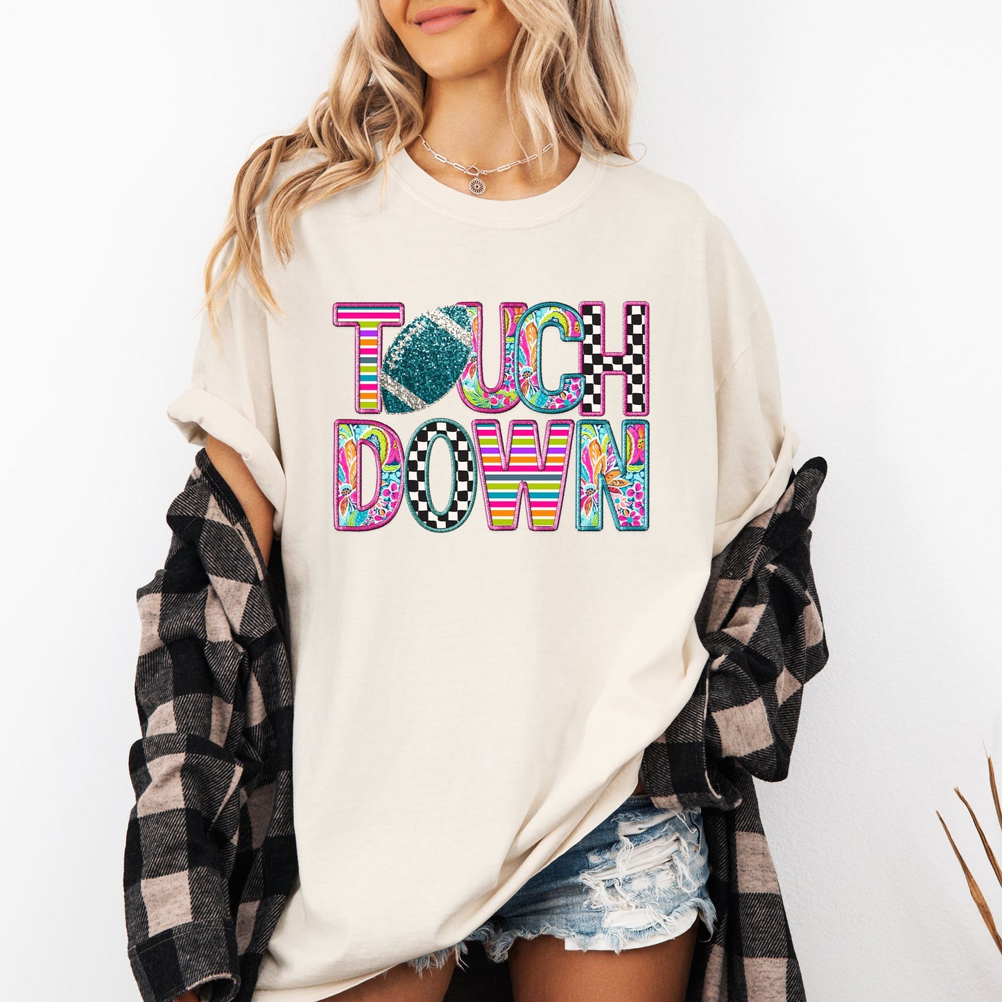 Touchdown Faux Printed Embroidery Look Colorful Girly Football Game Day Tailgate Party Comfort Colors Tee