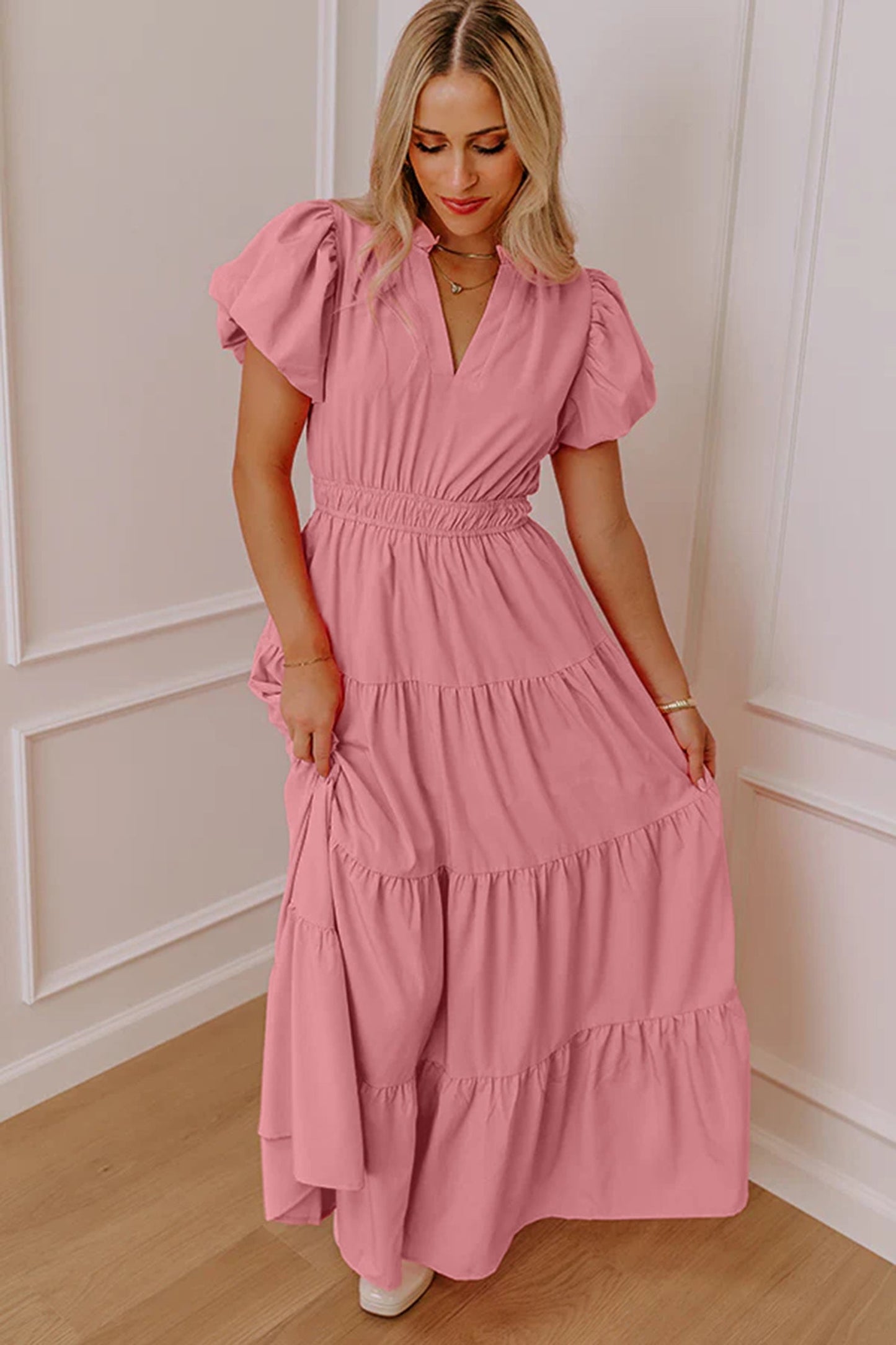 Solid V-Neck Short Puff Sleeve Tiered Maxi Dress