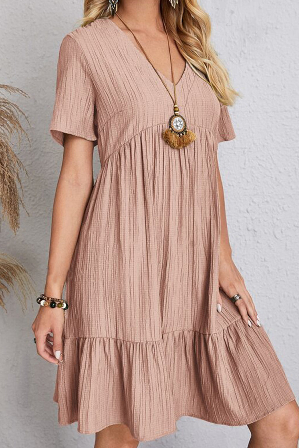 Ruched V-Neck Short Sleeve Dress