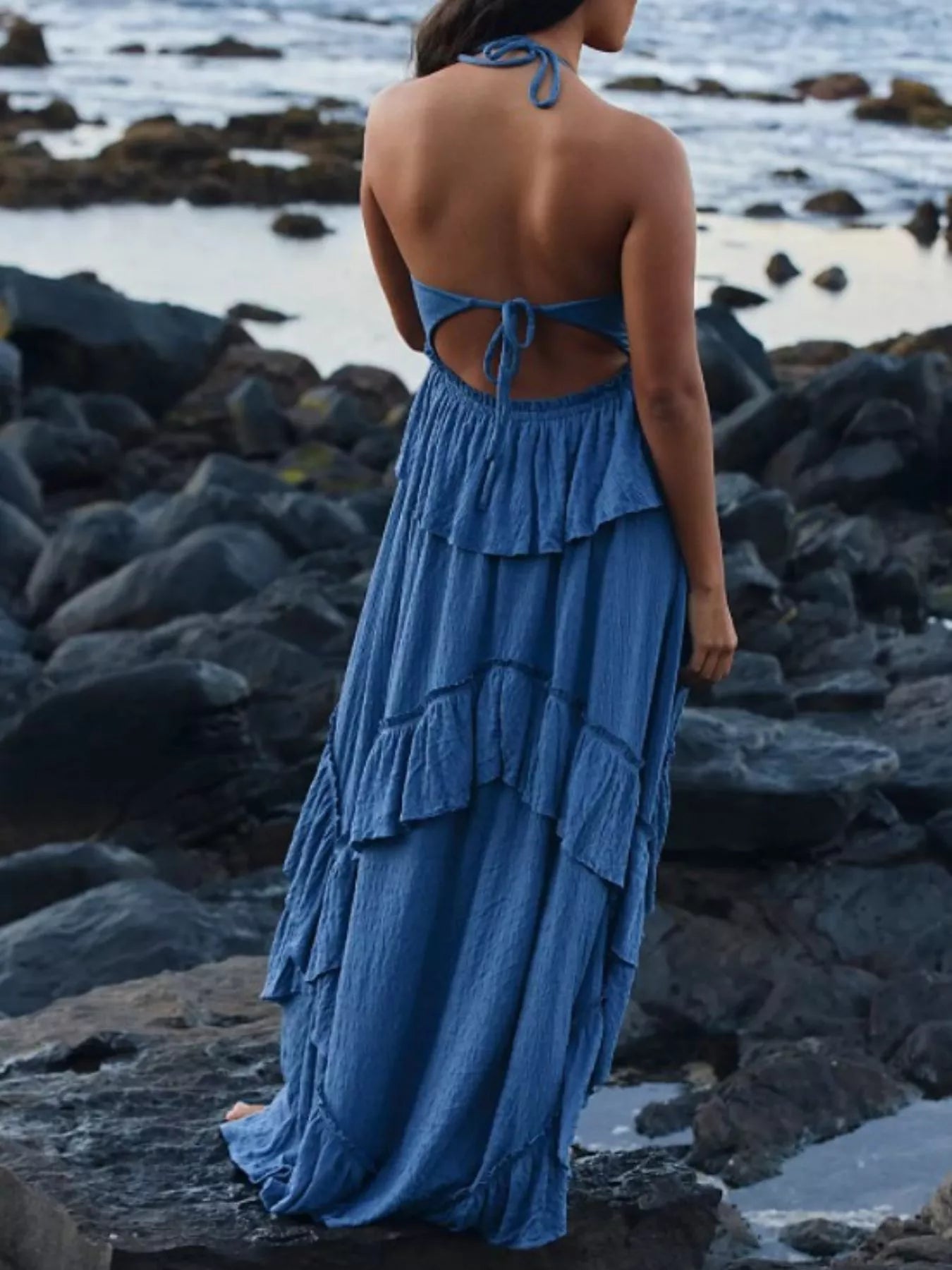 Ruffled Halter Neck Maxi Dress Boho Fringe Ruffled Halter Neck Maxi Dress Boho Fringe