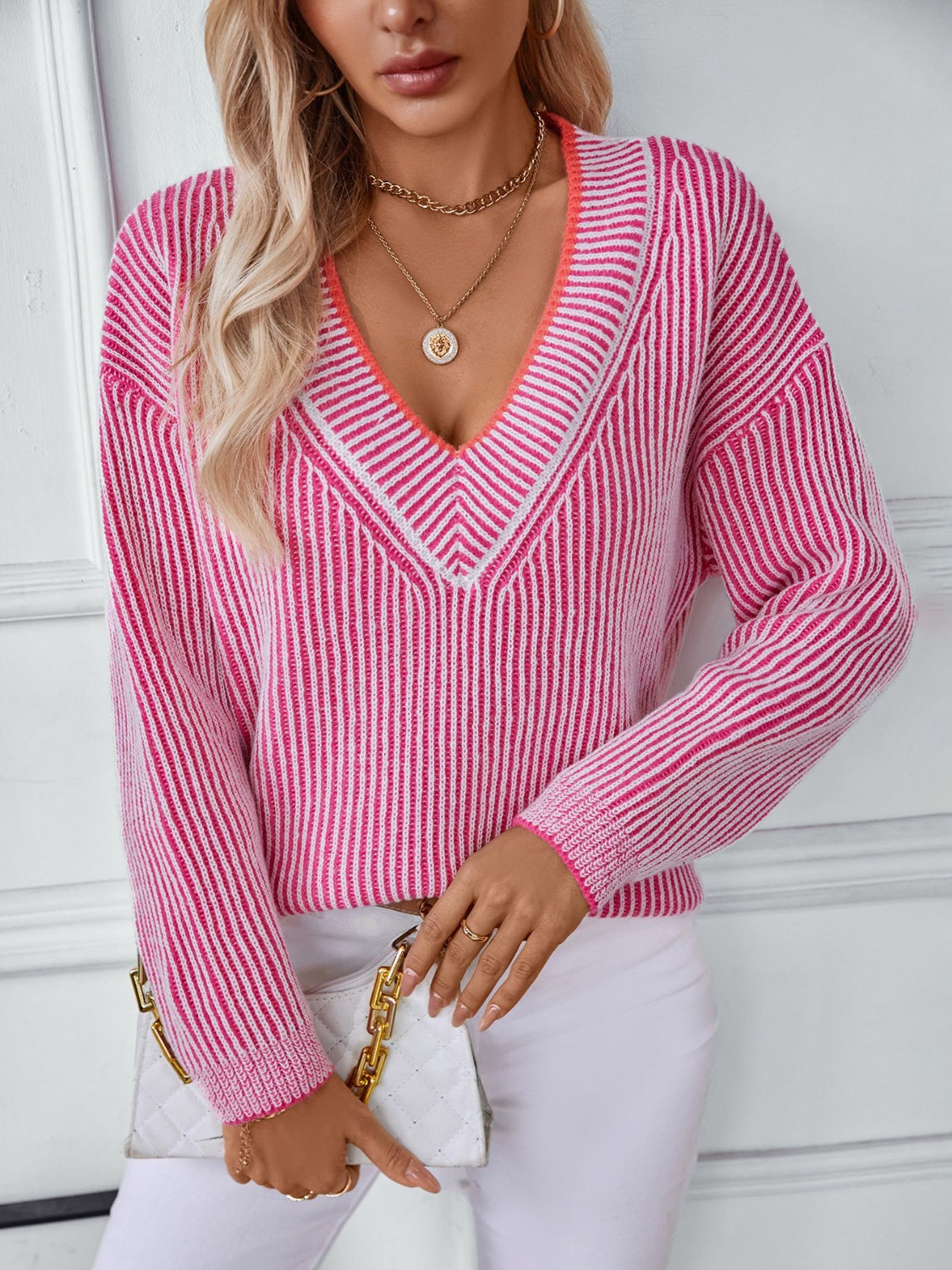 Striped V-Neck Long Sleeve Sweater