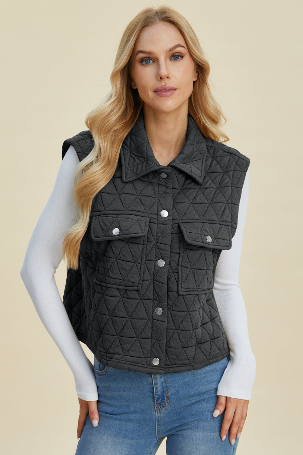 Double Take Pocketed Texture Snap Down Vest Coat