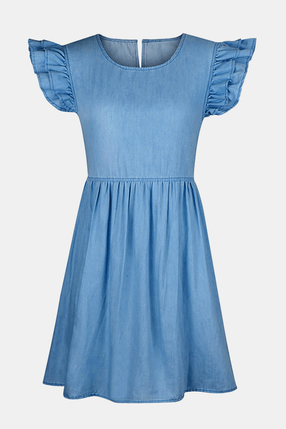 Ruffled Round Neck Cap Sleeve Denim Dress