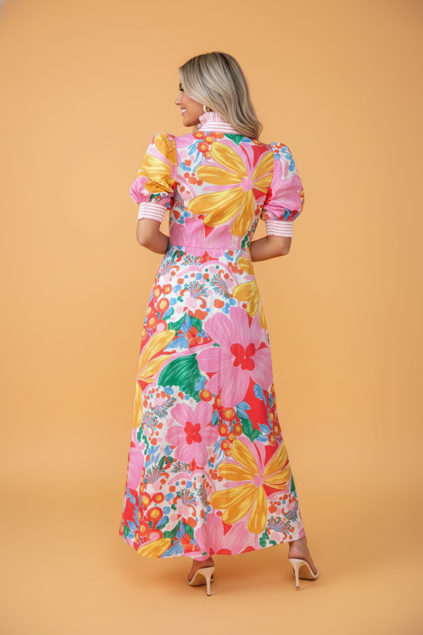 Floral Stripe Trim Puff Sleeve Buttoned Maxi Dress