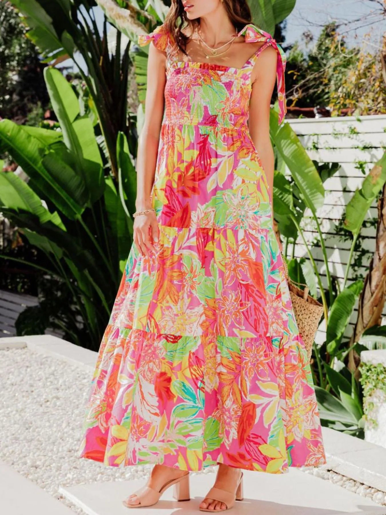 Tropical Print Tie Shoulder Maxi Dress – Boho Fringe