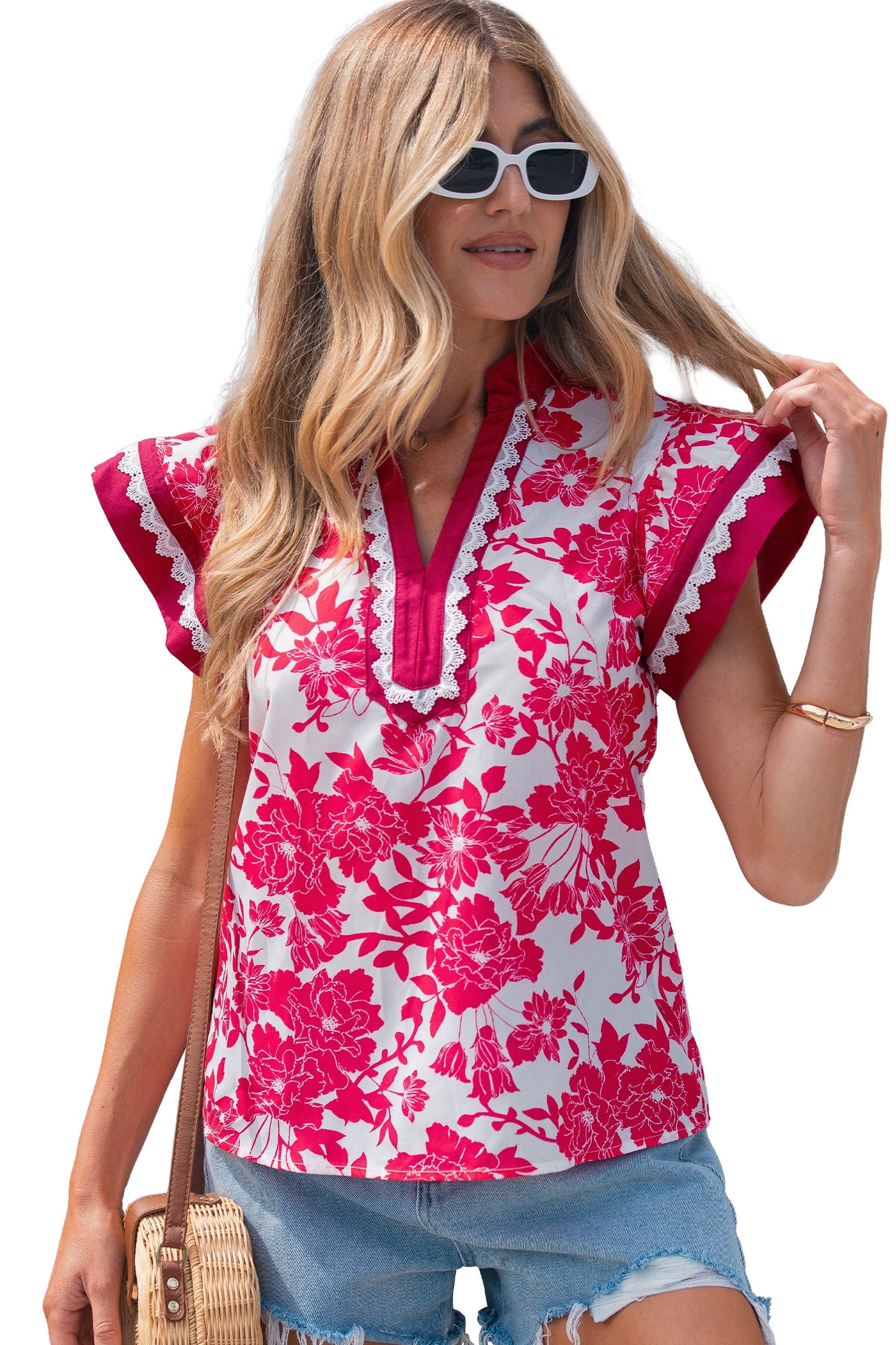 Floral Colorblock Lace V-Neck Flutter Sleeve Blouse