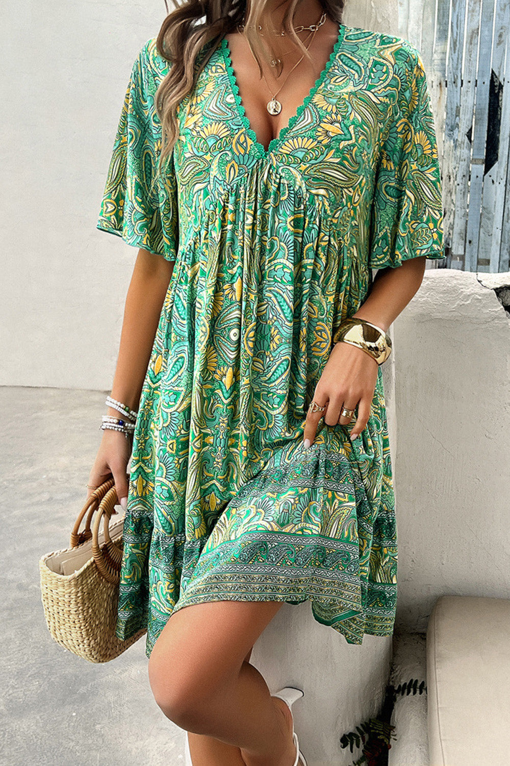 Printed V-Neck Half Sleeve Mini Dress