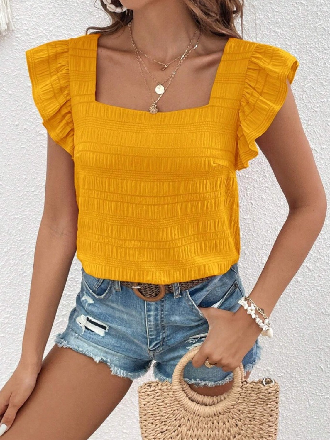 Ruffled Square Neck Cap Sleeve Blouse