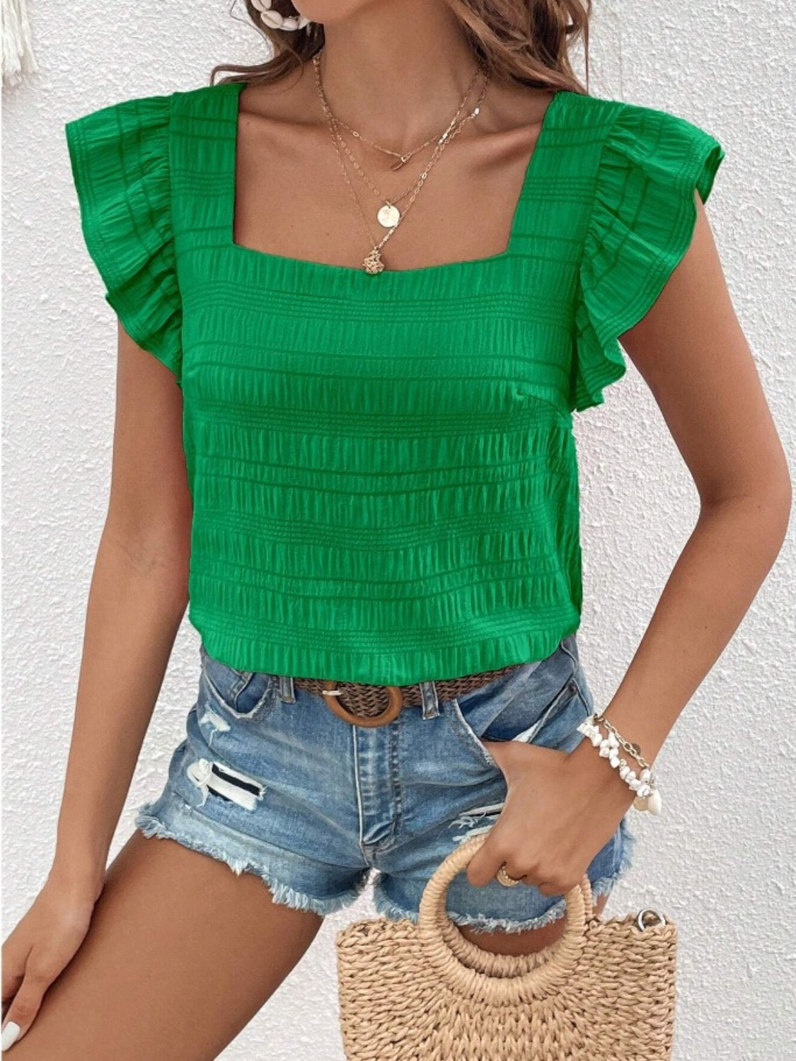 Ruffled Square Neck Cap Sleeve Blouse