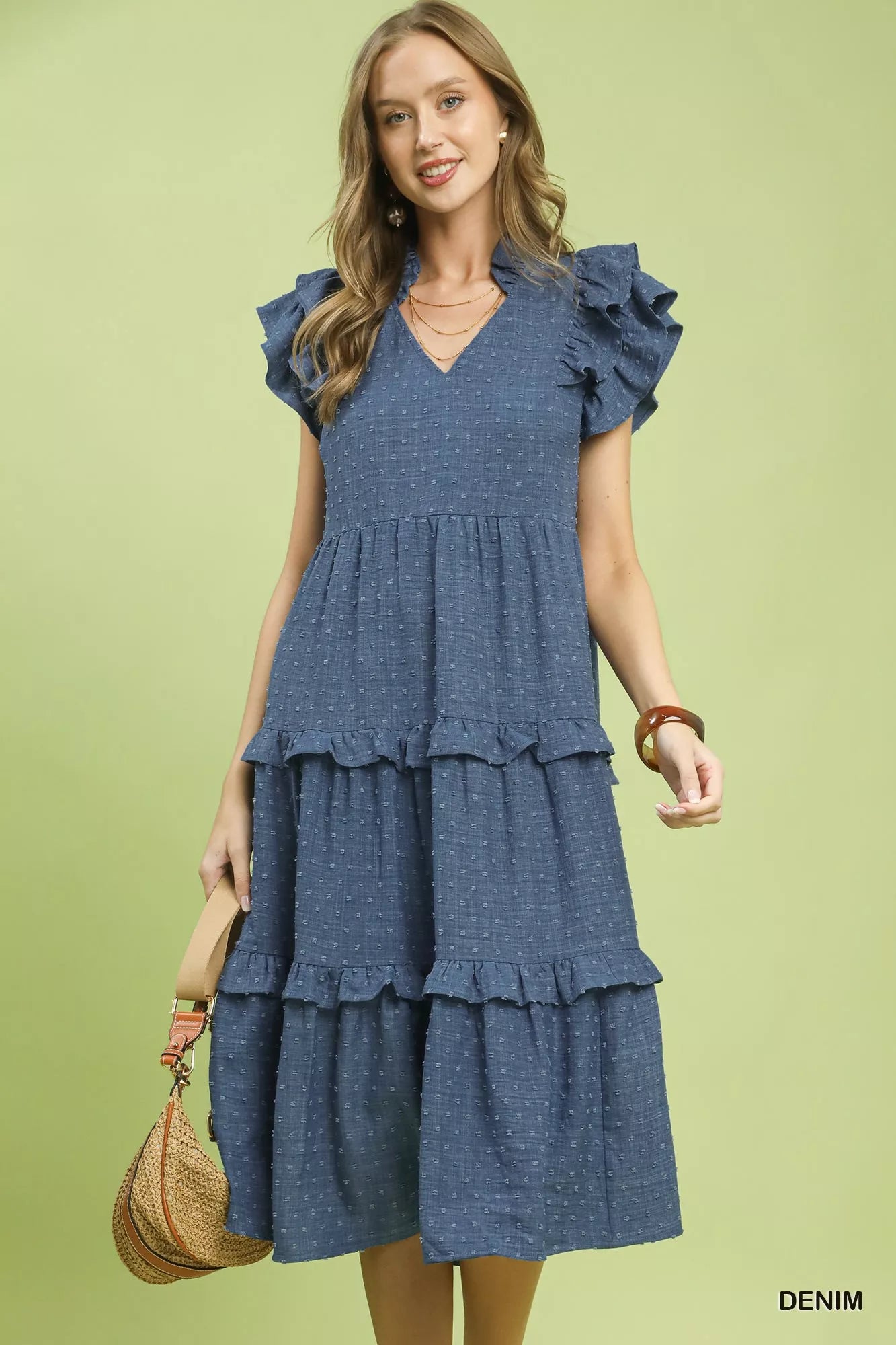 Umgee Textured Ruffle Sleeve Tiered Midi Dress – Boho Fringe