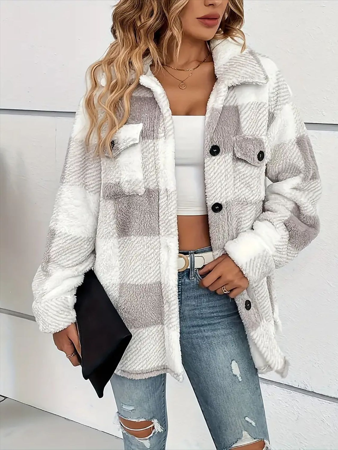 Plaid Dropped Shoulder Long Sleeve Plush Coat