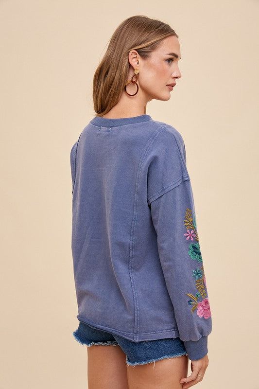 Annie Wear Embroidered Long Sleeve French Terry Top