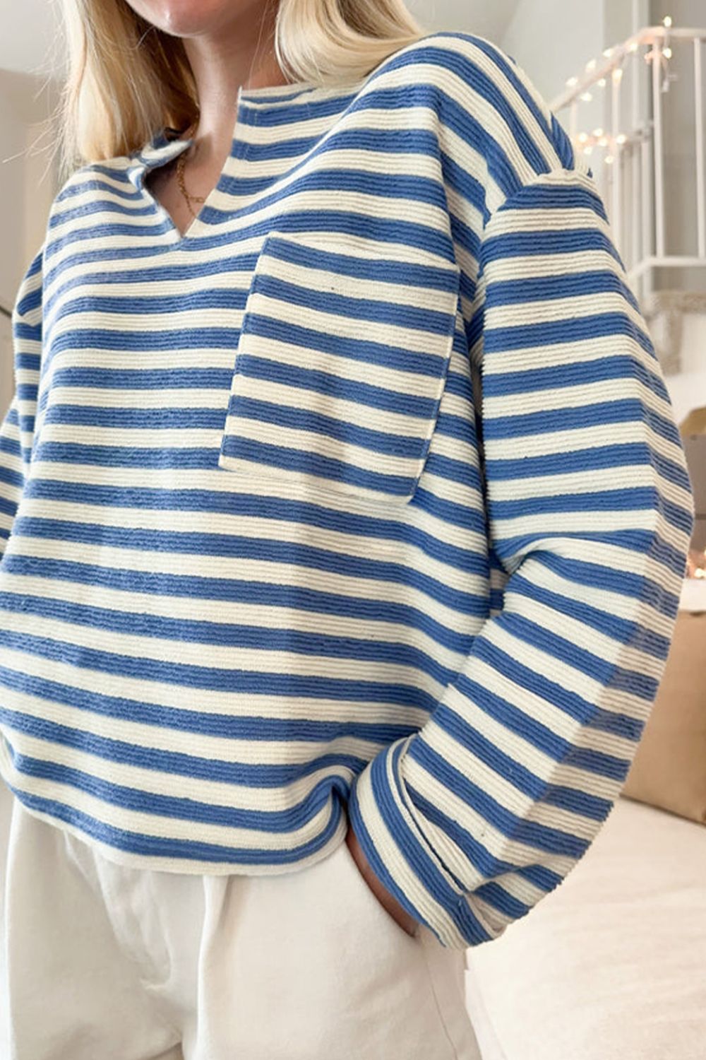 Stripe Chest Pocket Notched Top