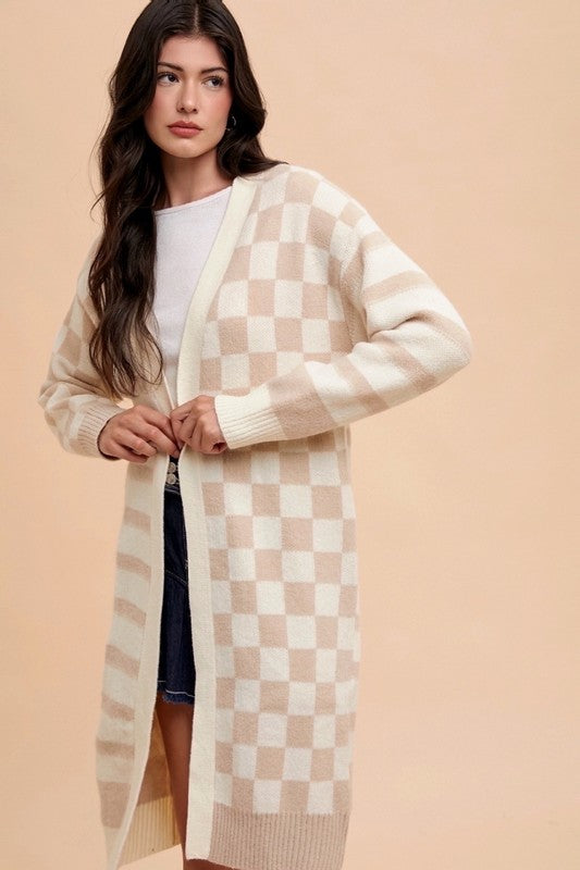 Annie Wear Checkered & Striped Open Front Long Sleeve Cardigan