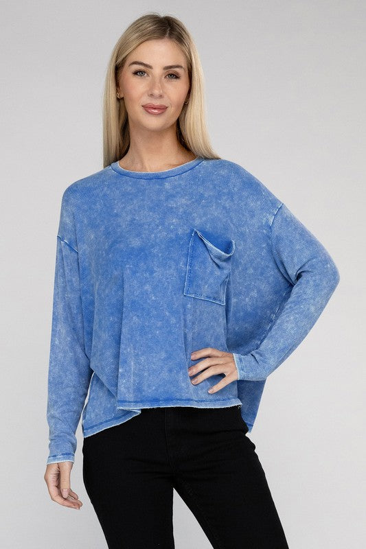 Washed Ribbed Dolman Sleeve Round Neck Top