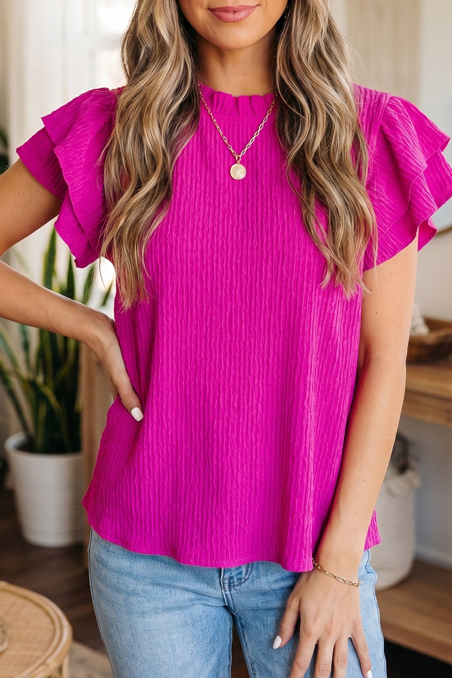 Solid Textured Ruffle Trim Short Sleeve Blouse