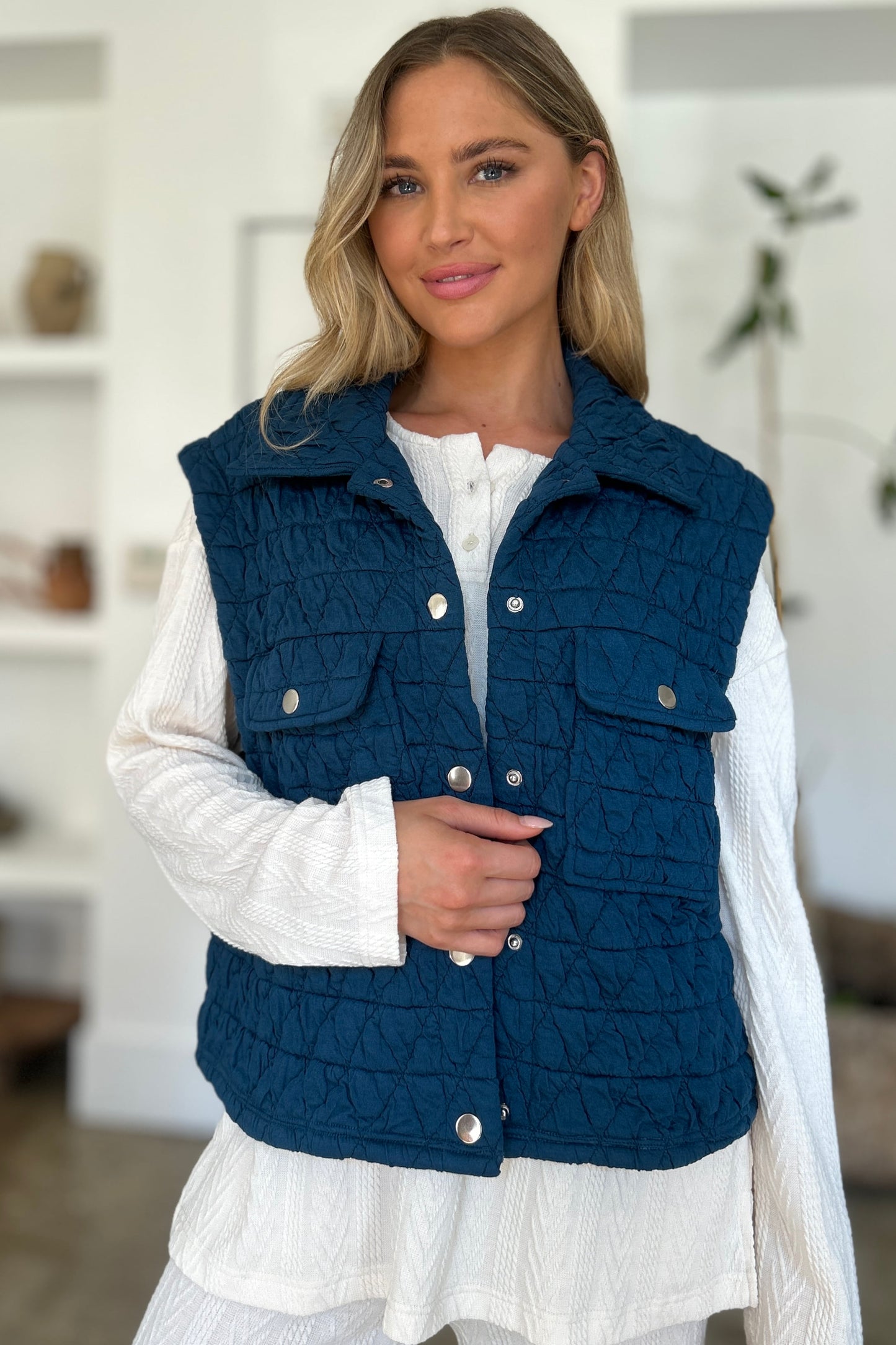 Double Take Pocketed Texture Snap Down Vest Coat