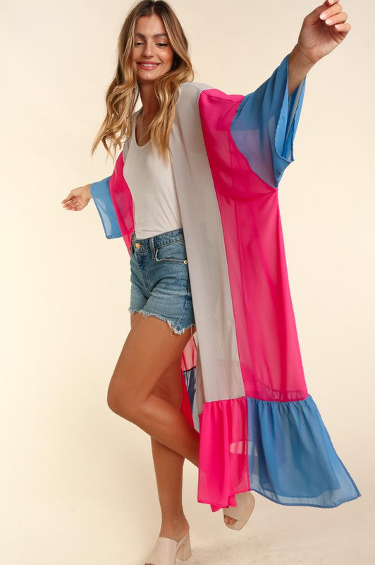 Color Block Kimono Maxi Open Oversized Cardigan