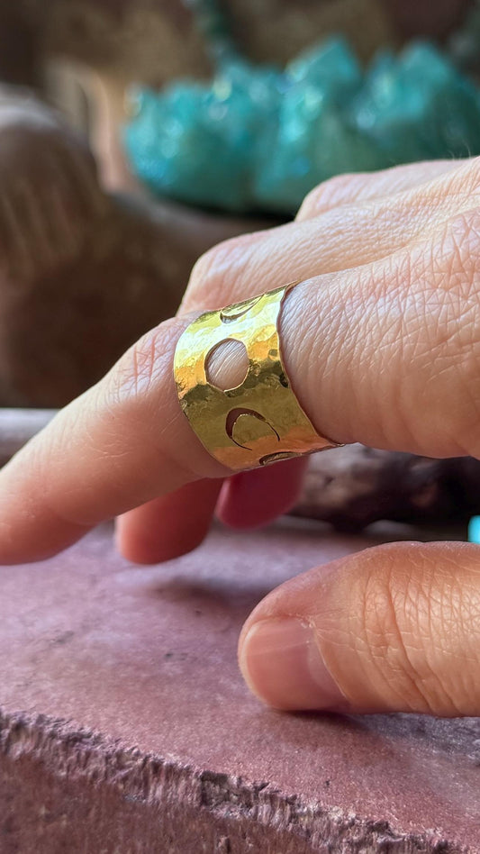 Adjustable Hammered Brass moon phase cuff Ring: Handmade celestial Wide Band