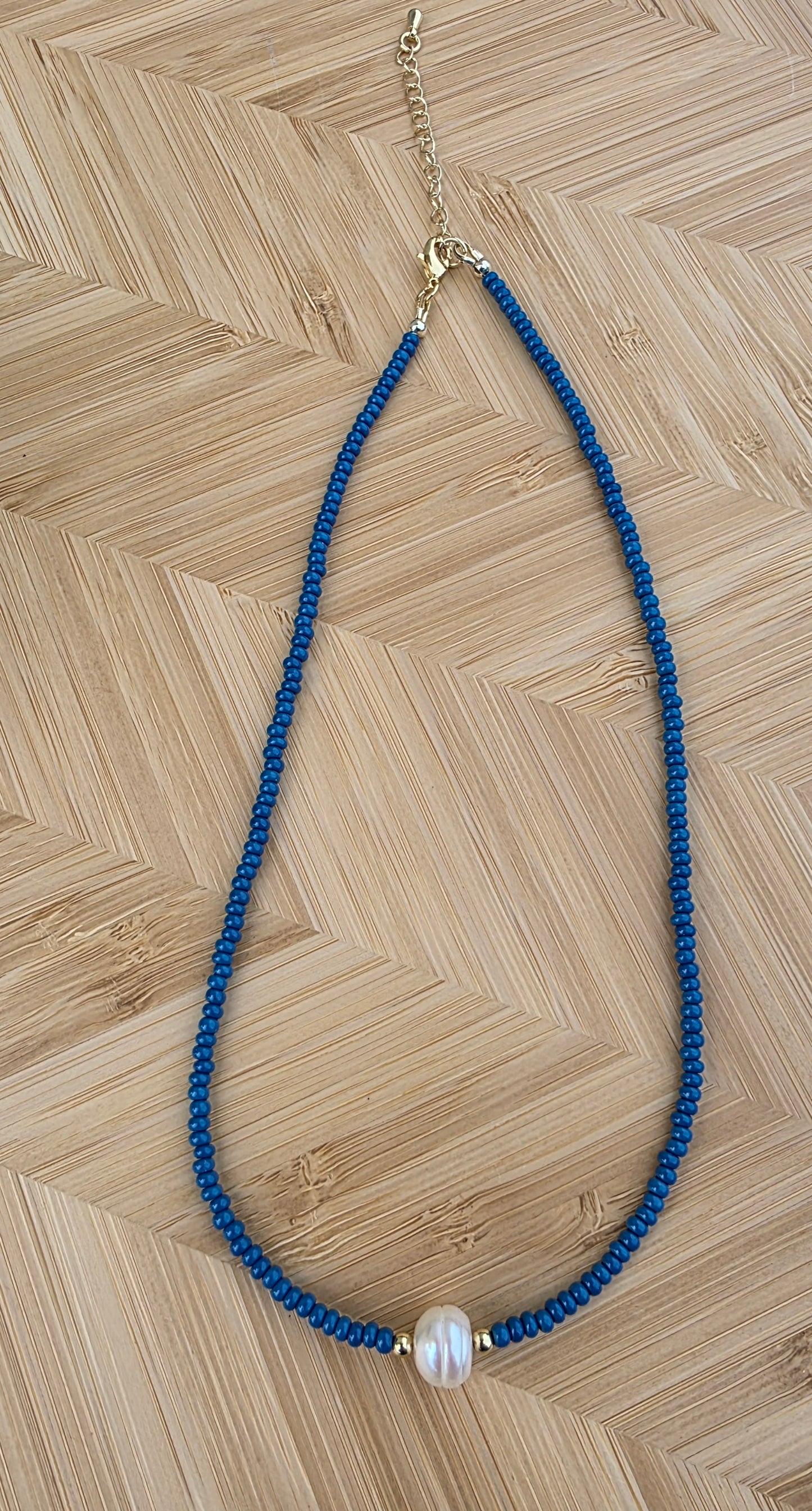 Handmade Blue Glass Seed Bead and Pearl Accent Necklace