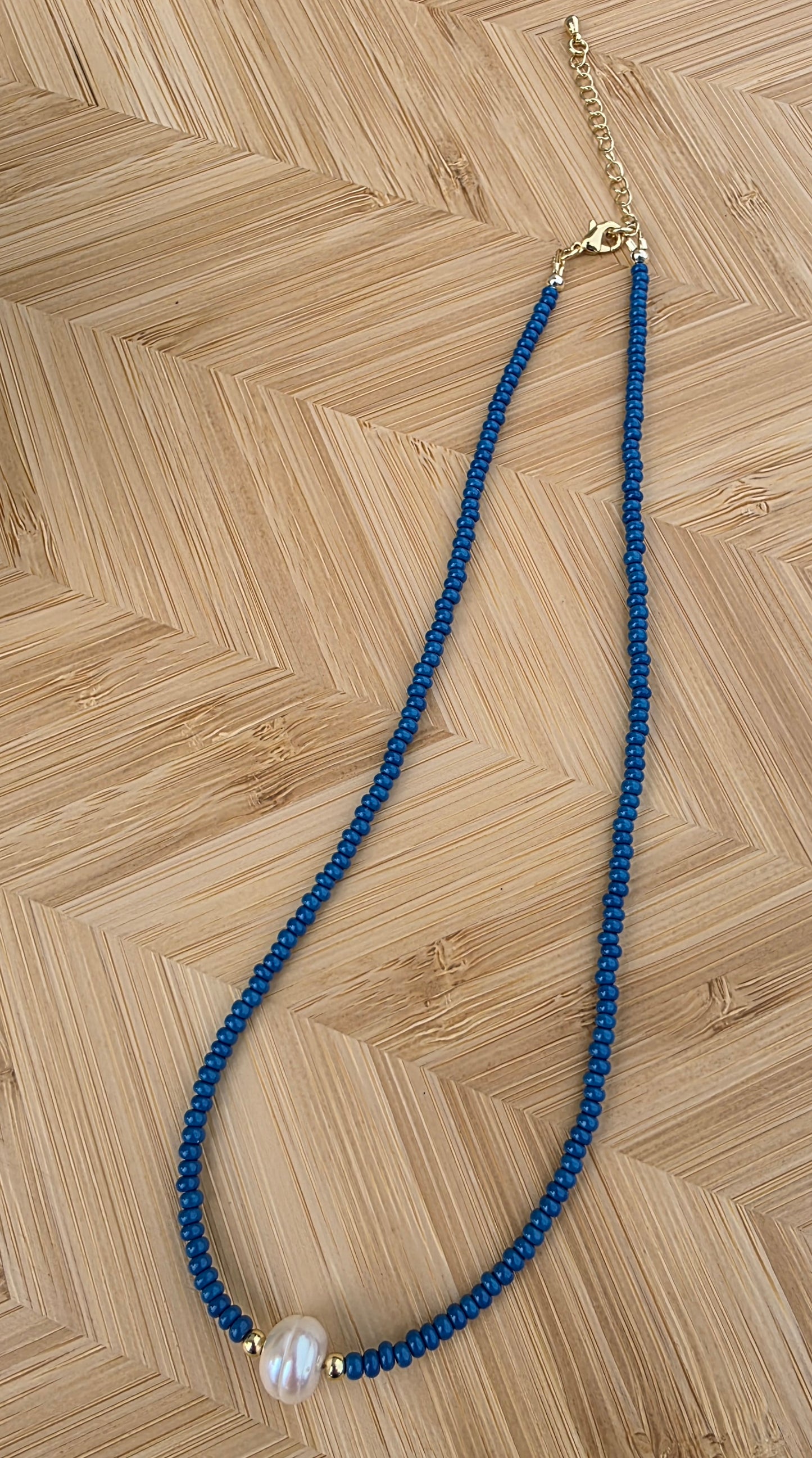 Handmade Blue Glass Seed Bead and Pearl Accent Necklace