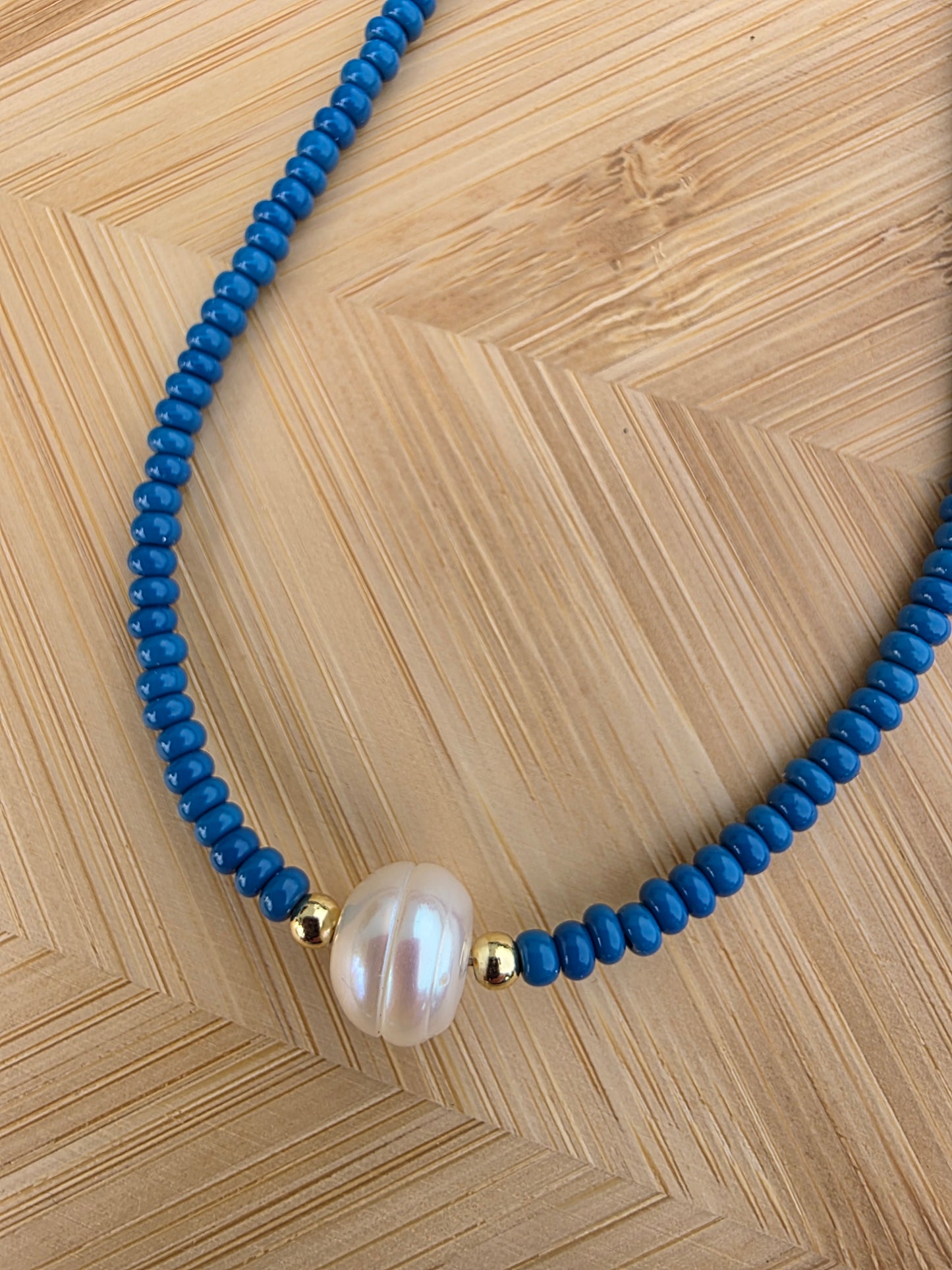 Handmade Blue Glass Seed Bead and Pearl Accent Necklace