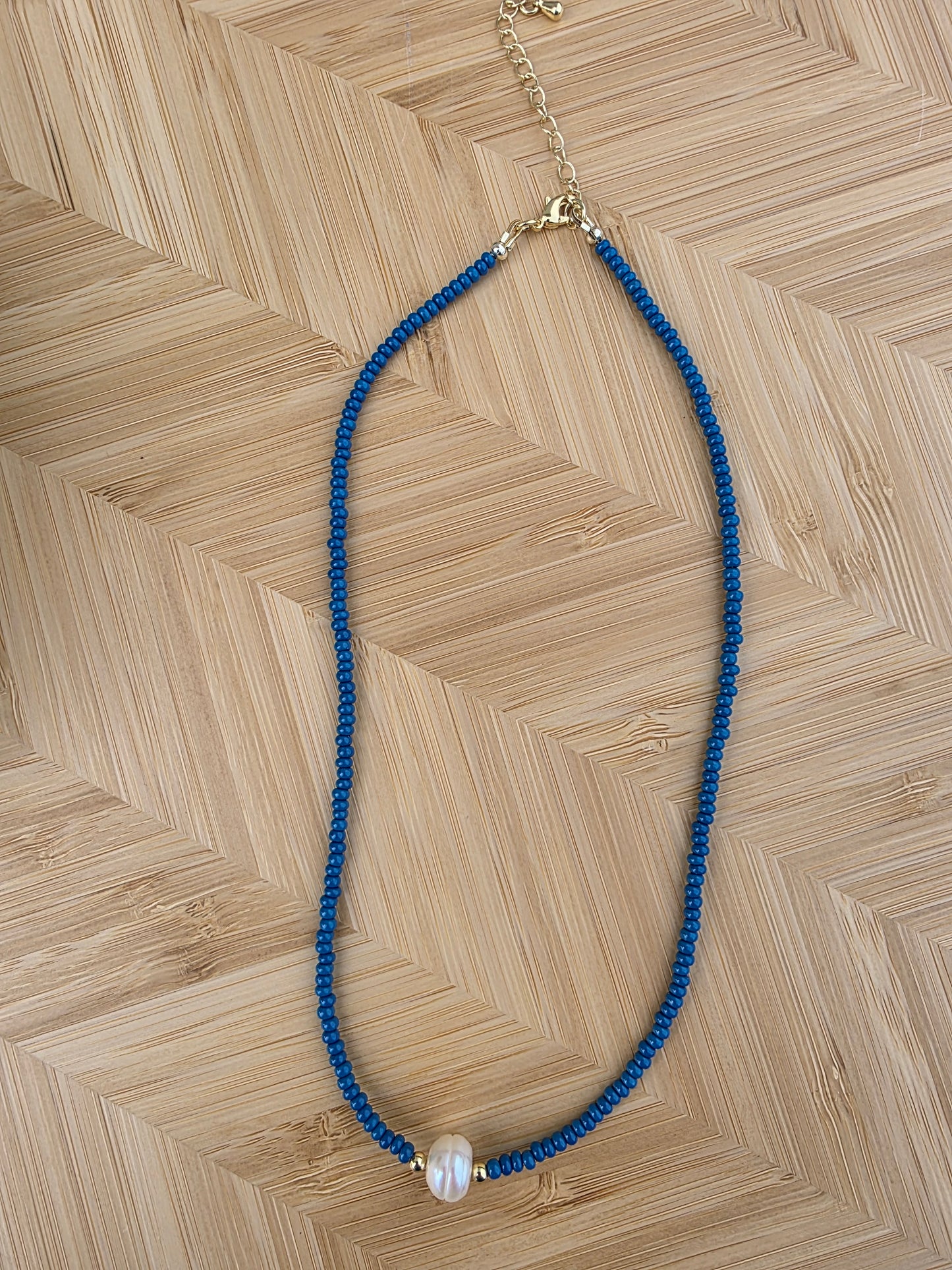 Handmade Blue Glass Seed Bead and Pearl Accent Necklace