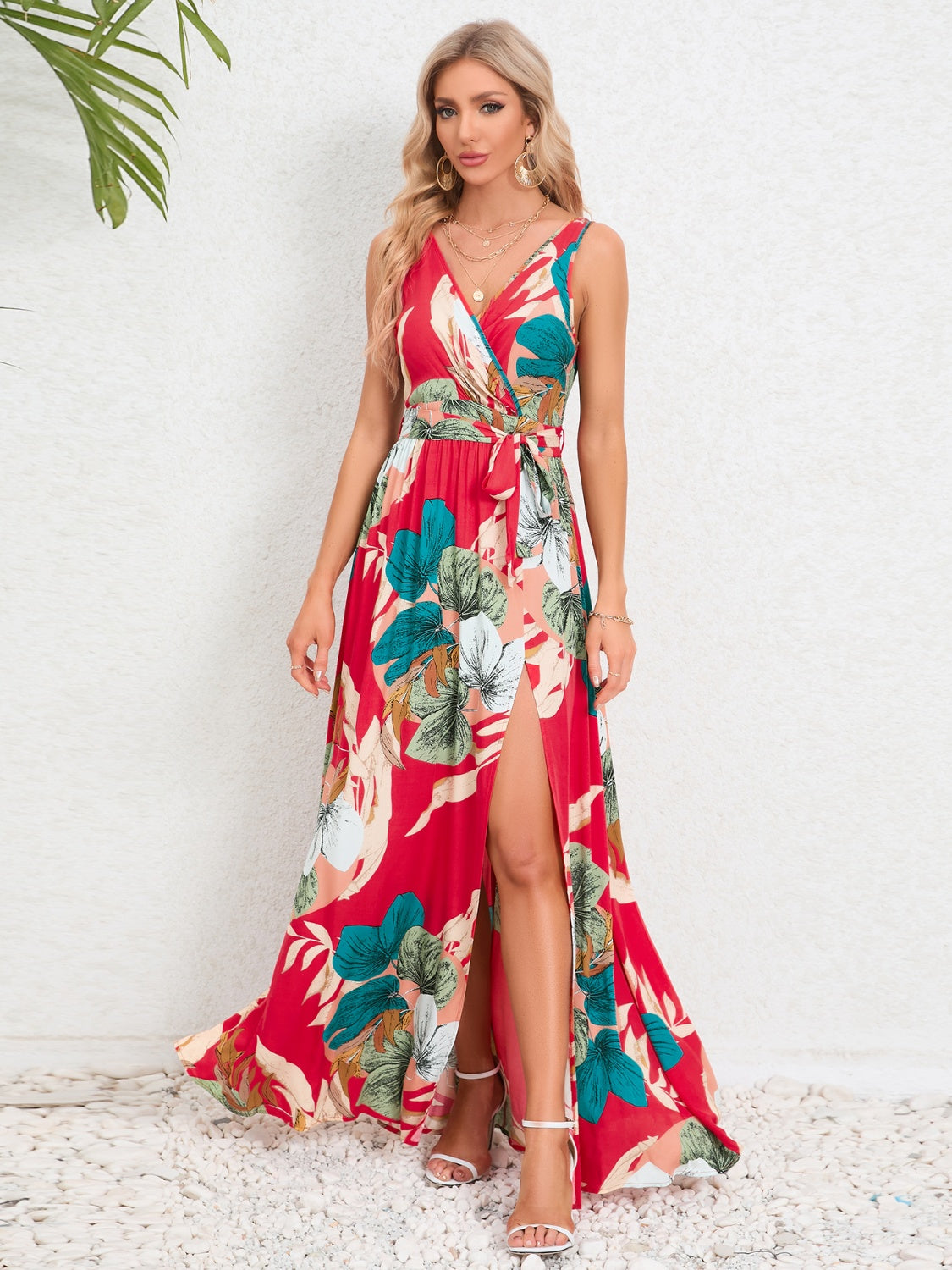 Slit Tied Printed Surplice Dress