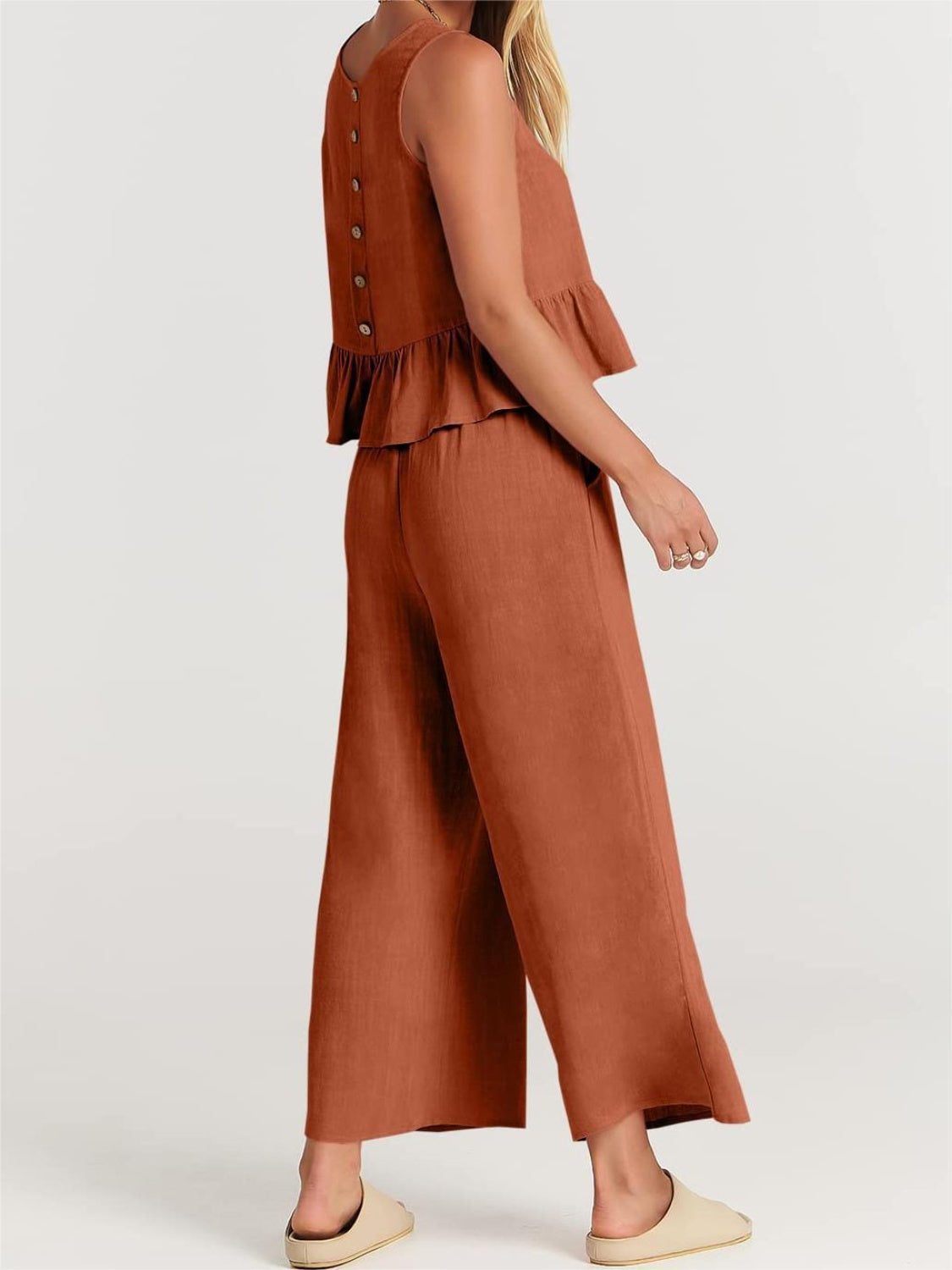 Round Neck Top and Wide Leg Pants Set