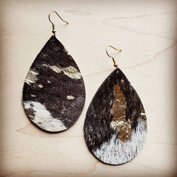 Leather Teardrop Earrings in Mixed Metallic Hair