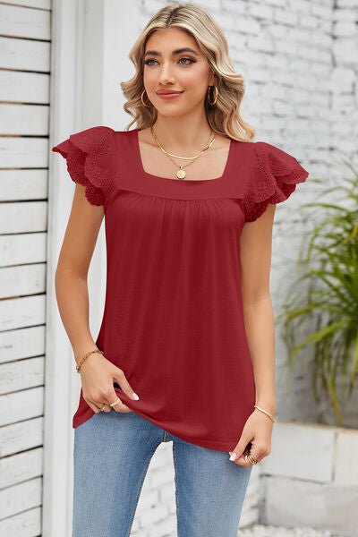 Eyelet Square Neck Cap Sleeve Blouse