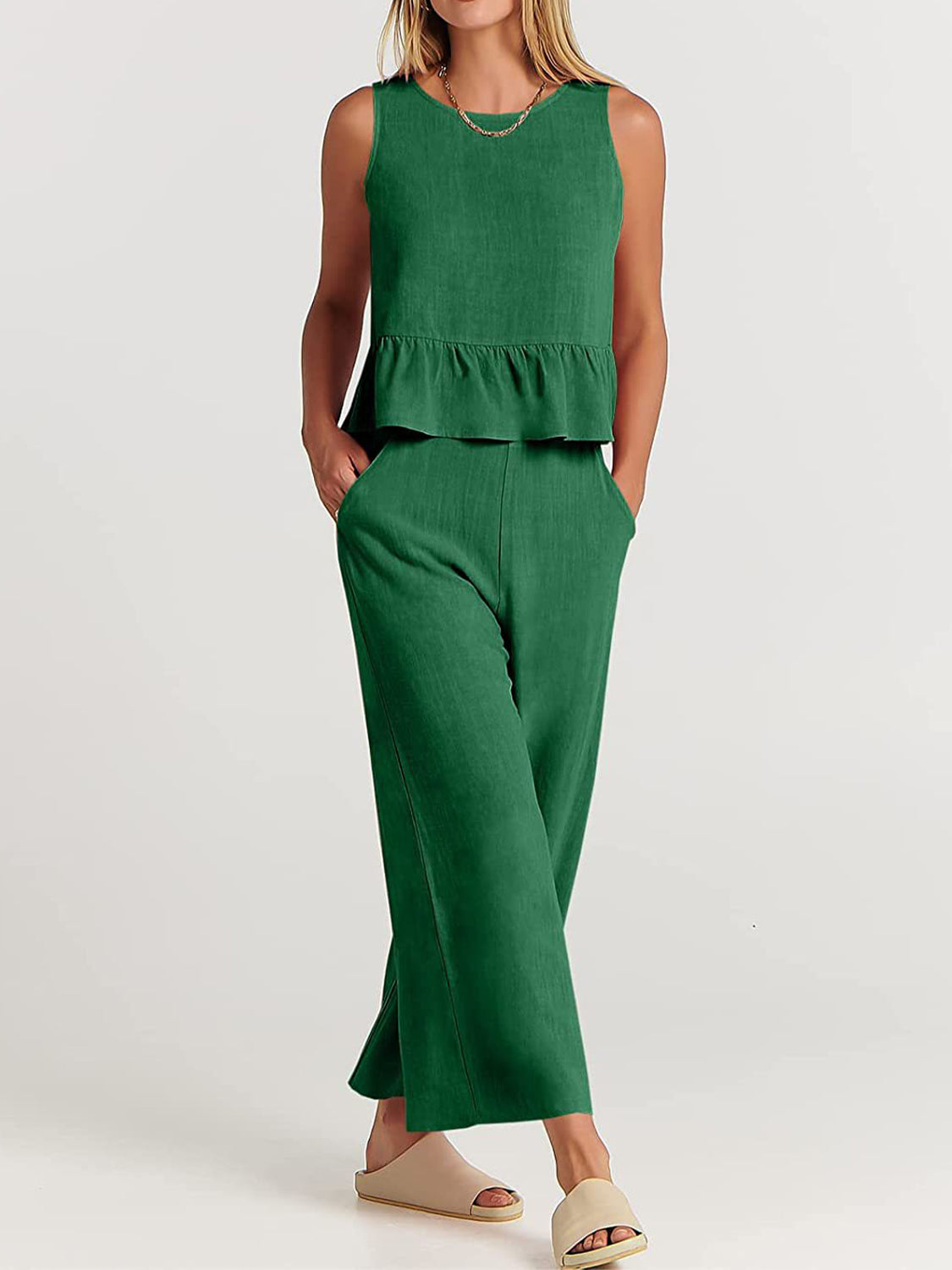 Round Neck Top and Wide Leg Pants Set