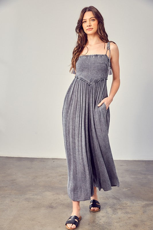 V LINE SMOCKED JUMPSUIT - 2 colors