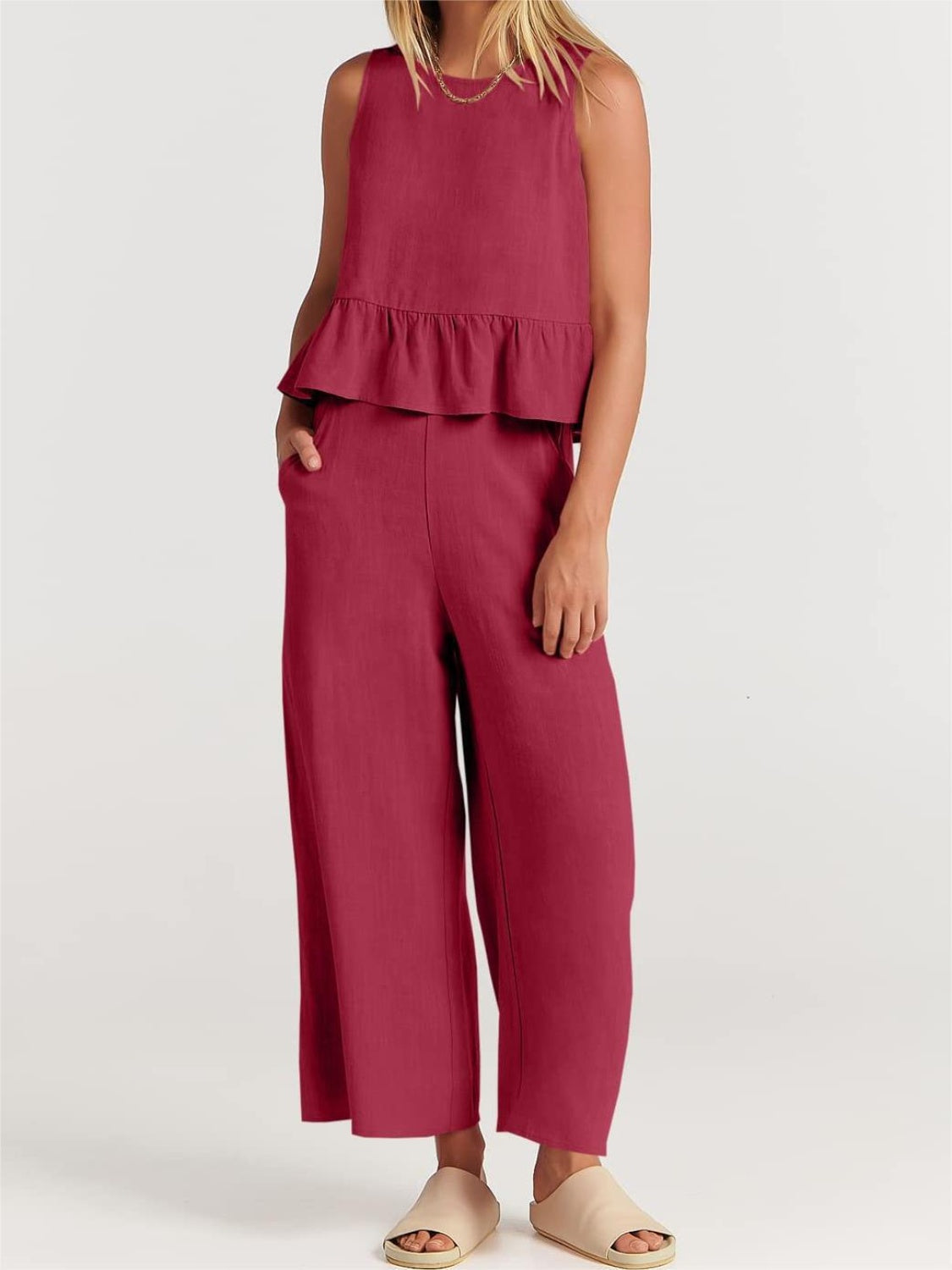 Round Neck Top and Wide Leg Pants Set