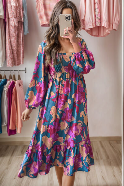 Square Neck Balloon Sleeve Midi Dress