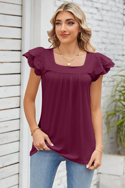 Eyelet Square Neck Cap Sleeve Blouse