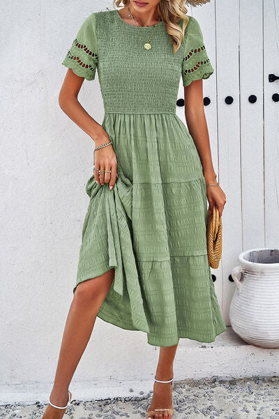 Smocked Round Neck Short Sleeve Midi Dress