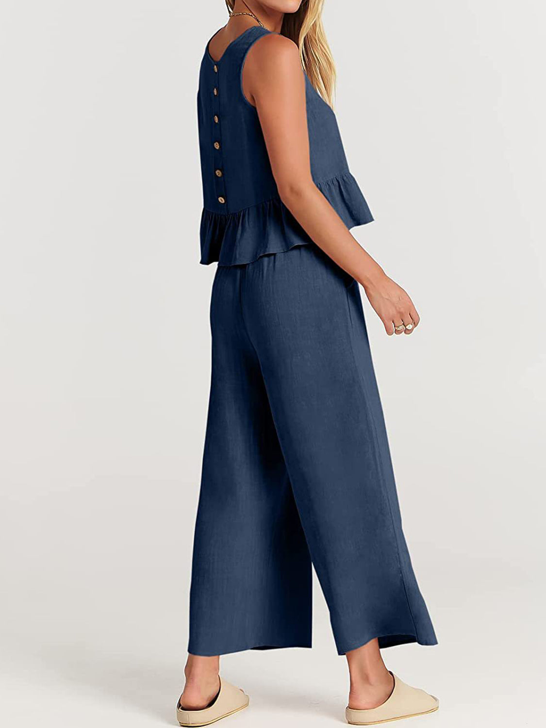 Round Neck Top and Wide Leg Pants Set